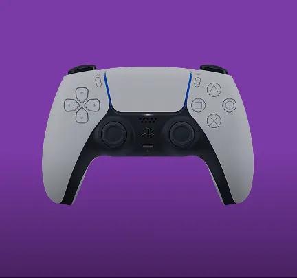 white gaming controller on purple background
