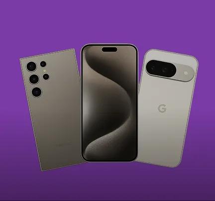modern smartphones displayed together on purple background