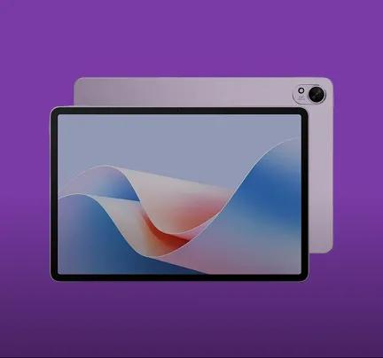 tablet shown from front and back on purple background
