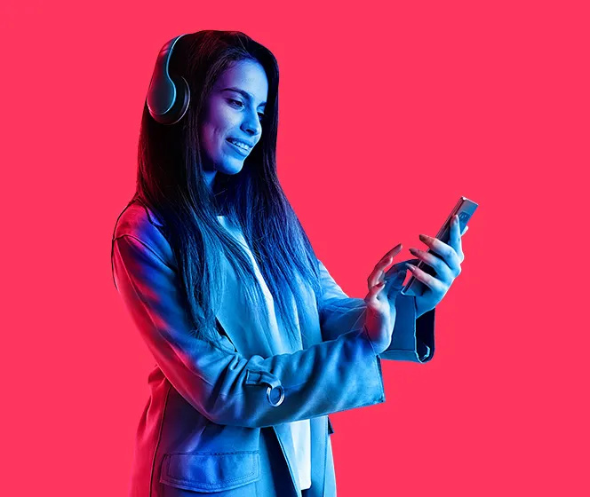 Lady with the headphone scrolling on her mobile device