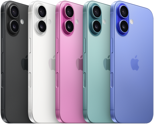 صورة لجهاز iPhone&nbsp;16 تظهر جانبه الخلفي الخارجي مع نظام الكاميرا المزدوجة المتطور النافر وشعار Apple في الوسط بالألوان الخمسة كلها، الأسود والأبيض والفيروزي والوردي وأزرق عمق البحر