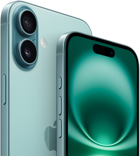 صورة لجهاز iPhone&nbsp;16&nbsp;Plus وجهاز iPhone&nbsp;16 تعرض زر الإجراءات مع زرّي ضبط مستوى الصوت والزر الجانبي ووحدة التحكم في الكاميرا والشاشة الأمامية التي تغطي الواجهة بالكامل وميزة Dynamic&nbsp;Island في الوسط بالقرب من أعلى الشاشة، والجانب الخلفي الخارجي باللون الفيروزي ونظام الكاميرا المزدوجة المتطور النافر في الزاوية اليسرى العلوية وشعار Apple في الوسط